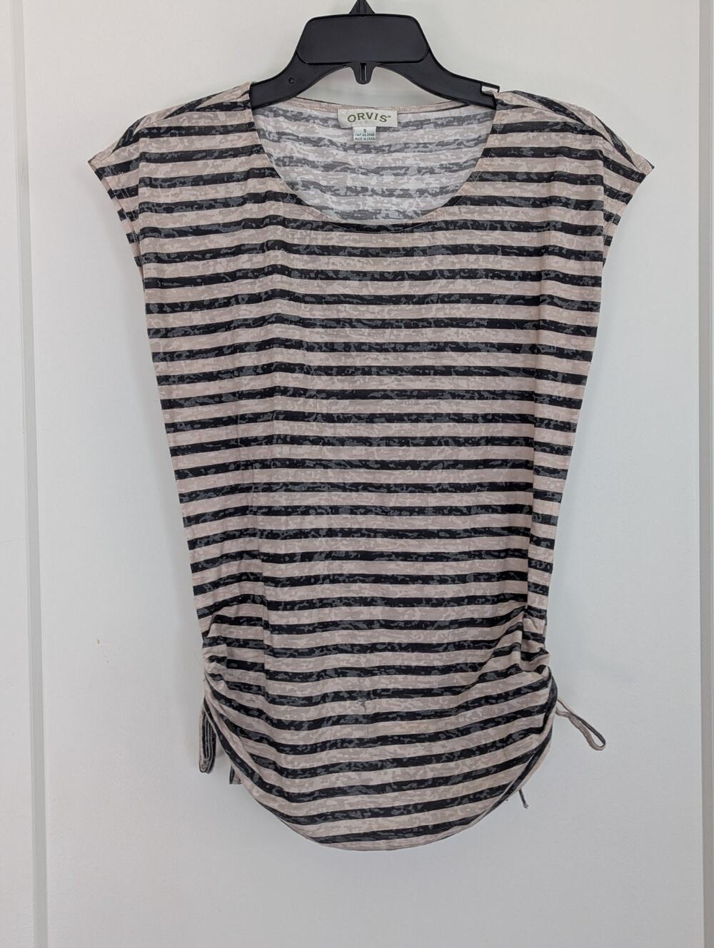 Orvis Women's S Striped Burnout Tee Ruched Side Drawstring Top Gray Beige Casual